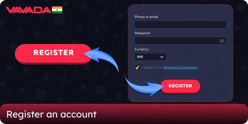 Register an account on the Vavada casino website in India