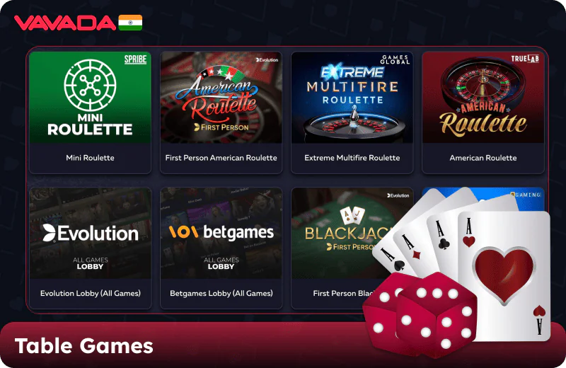 Table Games on the Vavada casino website in India