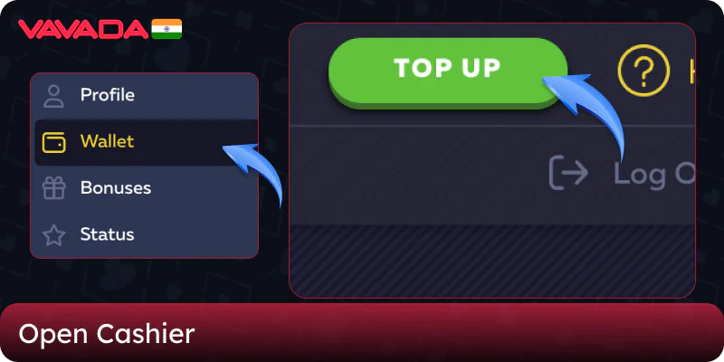 Open the "Cashier" tab on the Vavada casino website in India