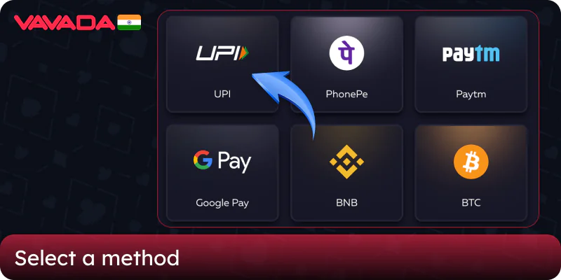 Choose a deposit method on the Vavada casino website in India