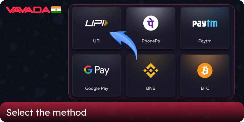 Select the withdrawal method on the Vavada Casino India website